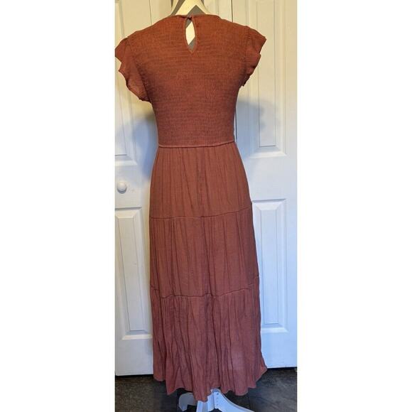 Coral Medium Flutter Sleeve Smocked Midi Dress Womens Casual Tiered Gauze - Picture 6 of 11